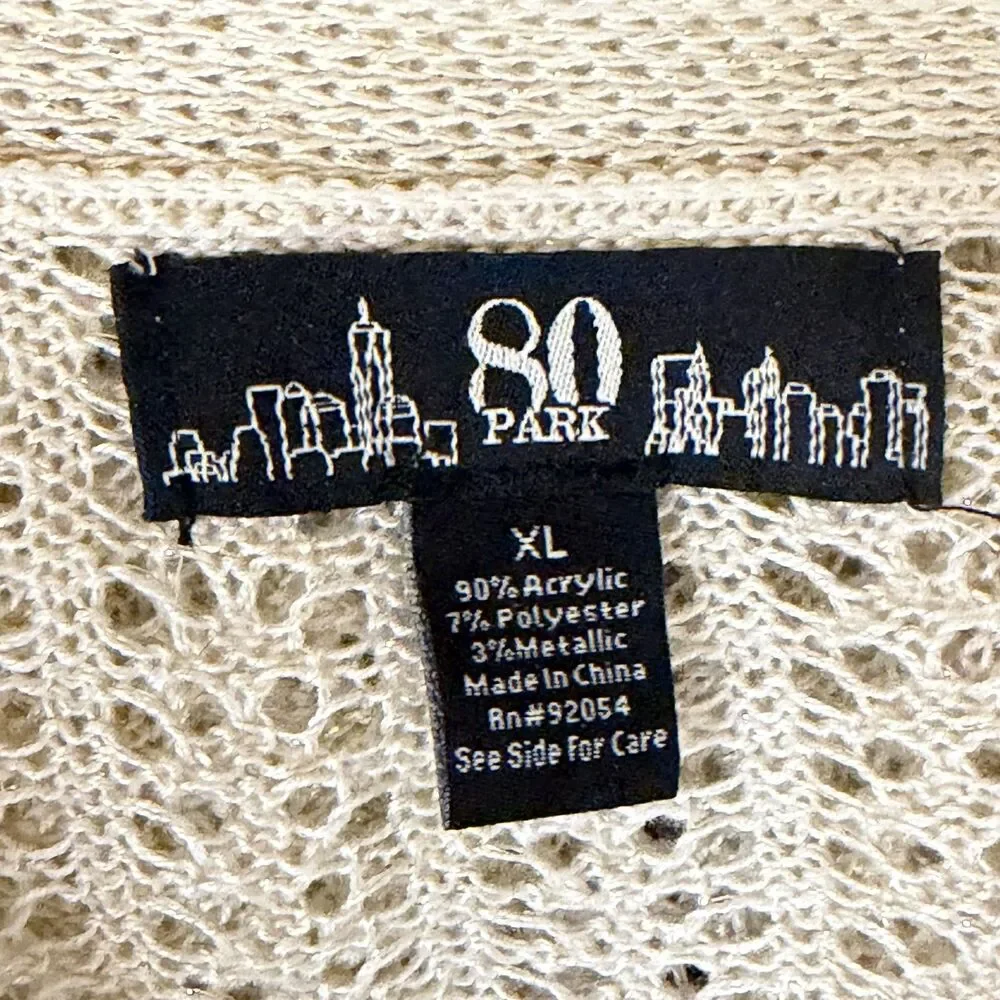 80 Park Cardigan Sweater Open Knit Open Front Beige Metallic Gold XL